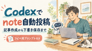 Codexでnoteの記事作成から下書き保存まで進める方法を紹介するイラスト