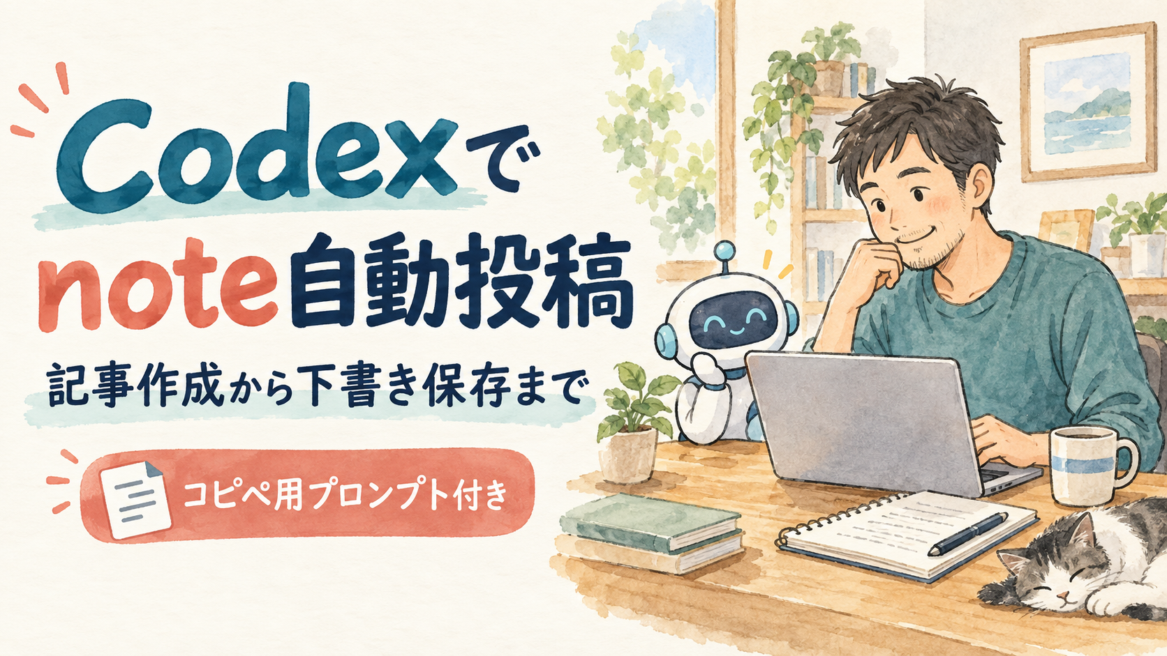 Codexでnoteの記事作成から下書き保存まで進める方法を紹介するイラスト