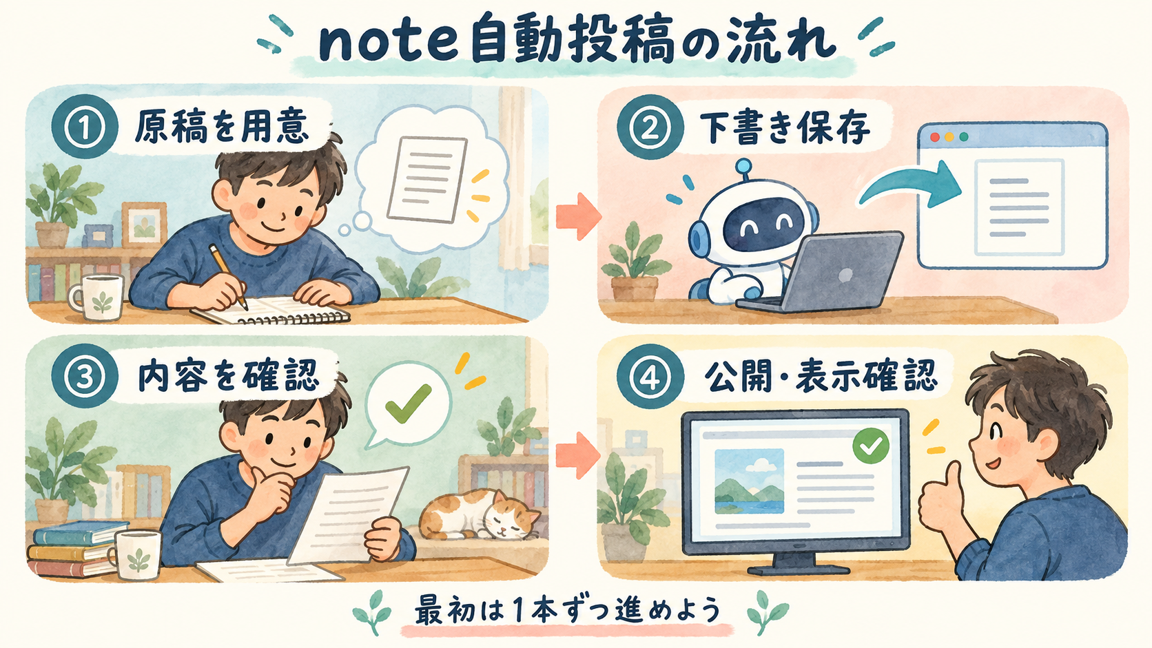 note自動投稿の4ステップ：原稿を用意、下書き保存、内容を確認、公開・表示確認
