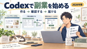 CodexでWeb制作、業務自動化、便利ツールづくりに取り組む副業のイラスト
