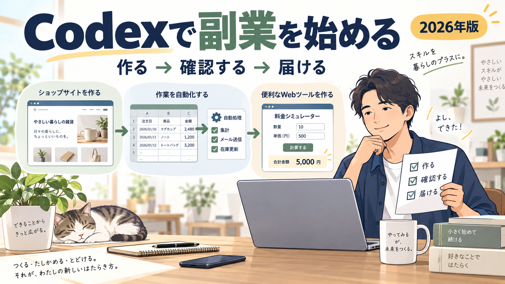 CodexでWeb制作、業務自動化、便利ツールづくりに取り組む副業のイラスト