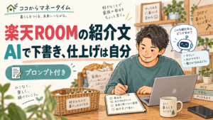 楽天ROOMの紹介文をAIで下書きし、自分の言葉で仕上げる方法を表すイラスト