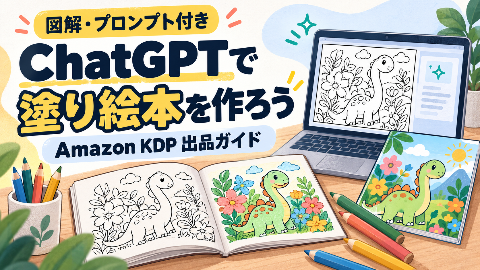 ChatGPTで塗り絵本を作るAmazon KDP出品ガイド。恐竜の塗り絵本とパソコン、色鉛筆のイラスト